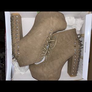 SLIGHTLY USED FAUX LEATHER STUDDED HEEL BOOTS